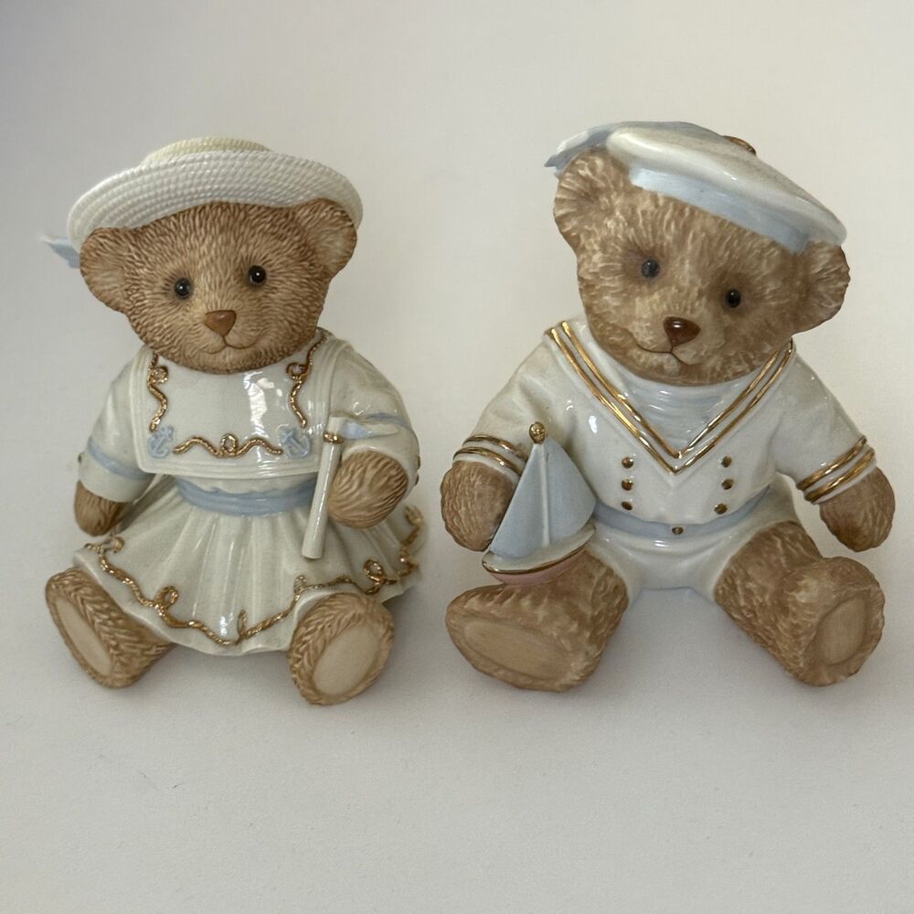 Lenox Nautical Sailor Preppy Teddy Bear pair gold trim vintage Coastal